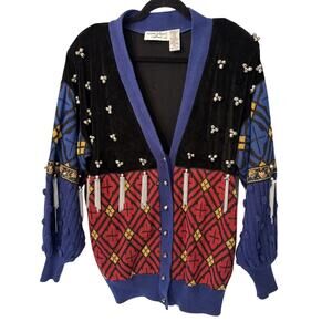 Vintage Bonnie Boerer Funky Red & Blue Holiday Sweater Oversized Shldr Pads Med